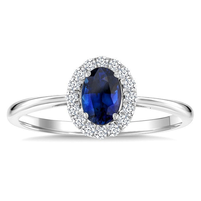 6x4 MM Oval Shape Sapphire and 1/6 Ctw Round Cut Diamond Halo Precious Ring in 14K White Gold