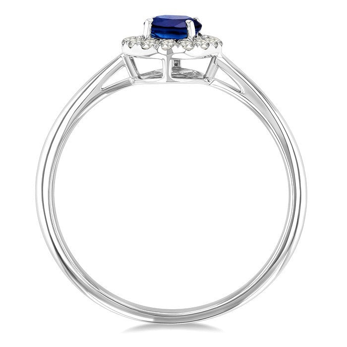 6x4 MM Oval Shape Sapphire and 1/6 Ctw Round Cut Diamond Halo Precious Ring in 14K White Gold