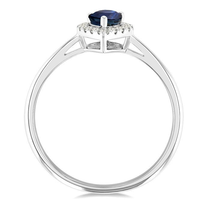 6x4 MM Pear Shape Sapphire and 1/6 Ctw Round Cut Diamond Halo Precious Ring in 14K White Gold