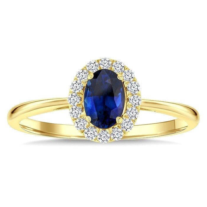 6x4 MM Oval Shape Sapphire and 1/6 Ctw Round Cut Diamond Halo Precious Ring in 14K Yellow Gold