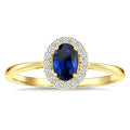 6x4 MM Oval Shape Sapphire and 1/6 Ctw Round Cut Diamond Halo Precious Ring in 14K Yellow Gold