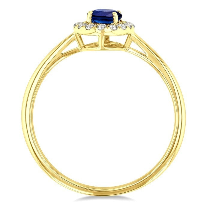 6x4 MM Oval Shape Sapphire and 1/6 Ctw Round Cut Diamond Halo Precious Ring in 14K Yellow Gold