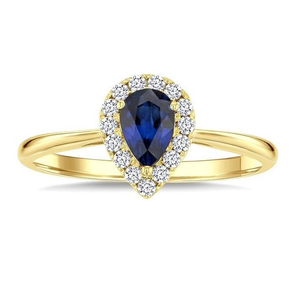 6x4 MM Pear Shape Sapphire and 1/6 Ctw Round Cut Diamond Halo Precious Ring in 14K Yellow Gold