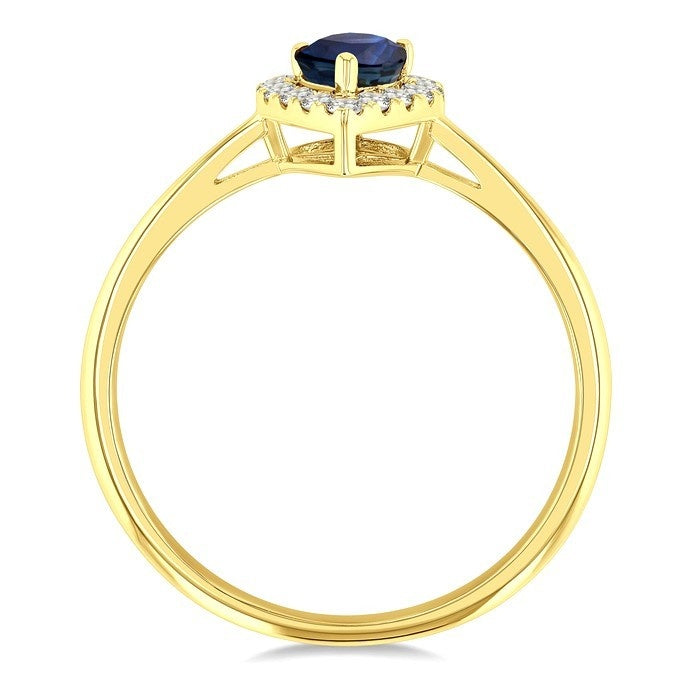 6x4 MM Pear Shape Sapphire and 1/6 Ctw Round Cut Diamond Halo Precious Ring in 14K Yellow Gold