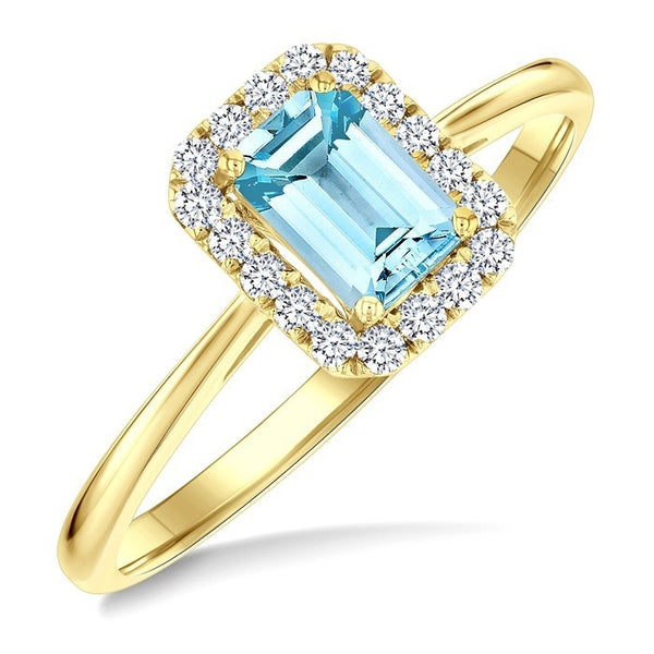 6x4 MM Octagonal Shape Aquamarine and 1/6 Ctw Round Cut Diamond Halo Semi-Precious Ring in 10K Yellow Gold