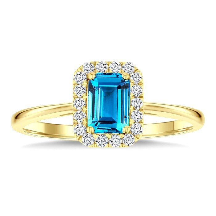 6x4 MM Octagonal Shape Blue Topaz and 1/6 Ctw Round Cut Diamond Halo Semi-Precious Ring in 10K Yellow Gold