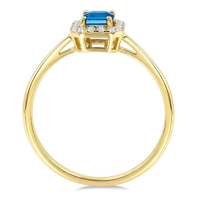 6x4 MM Octagonal Shape Blue Topaz and 1/6 Ctw Round Cut Diamond Halo Semi-Precious Ring in 10K Yellow Gold