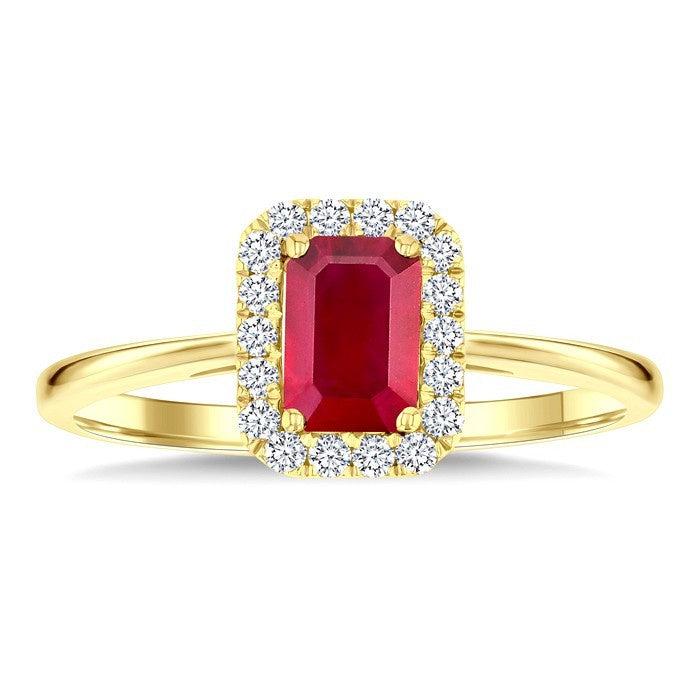 6x4 MM Octagonal Shape Ruby and 1/6 Ctw Round Cut Diamond Halo Precious Ring in 10K Yellow Gold