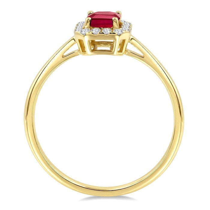 6x4 MM Octagonal Shape Ruby and 1/6 Ctw Round Cut Diamond Halo Precious Ring in 10K Yellow Gold