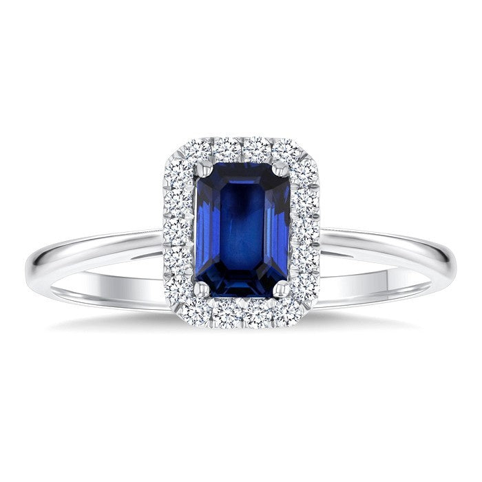 6x4 MM Octagonal Shape Sapphire and 1/6 Ctw Round Cut Diamond Halo Precious Ring in 10K White Gold