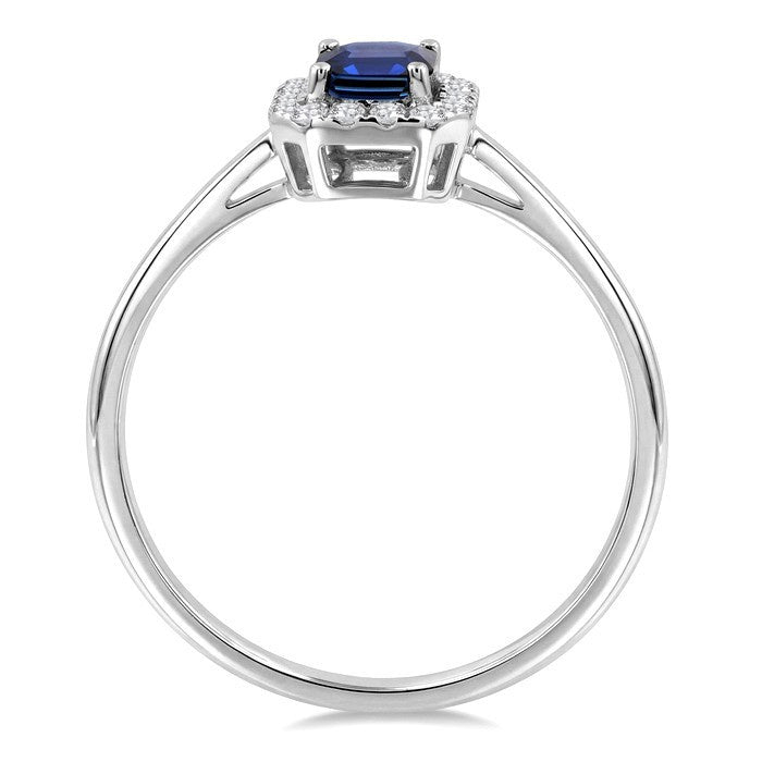 6x4 MM Octagonal Shape Sapphire and 1/6 Ctw Round Cut Diamond Halo Precious Ring in 10K White Gold