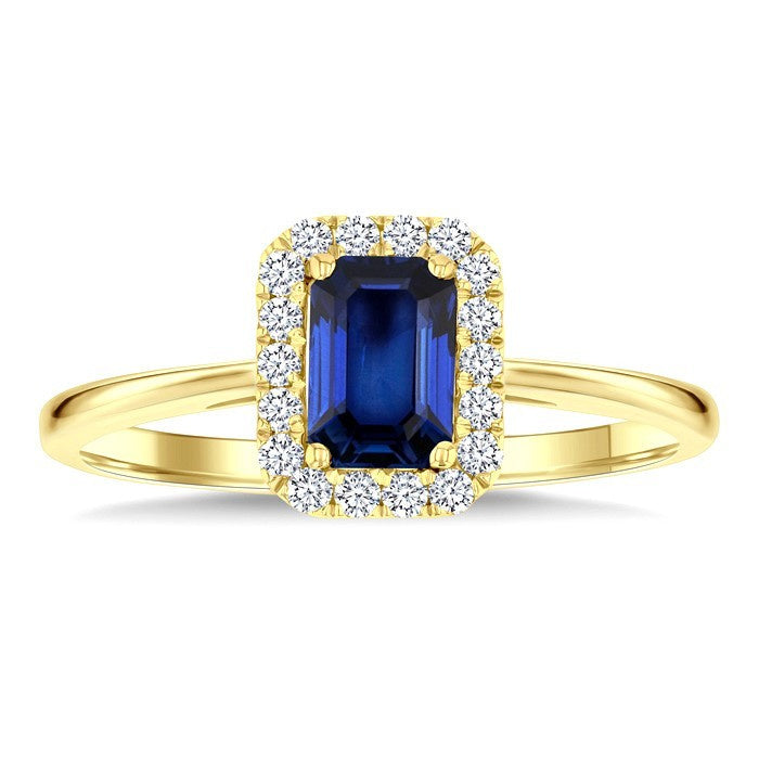 6x4 MM Octagonal Shape Sapphire and 1/6 Ctw Round Cut Diamond Halo Precious Ring in 10K Yellow Gold