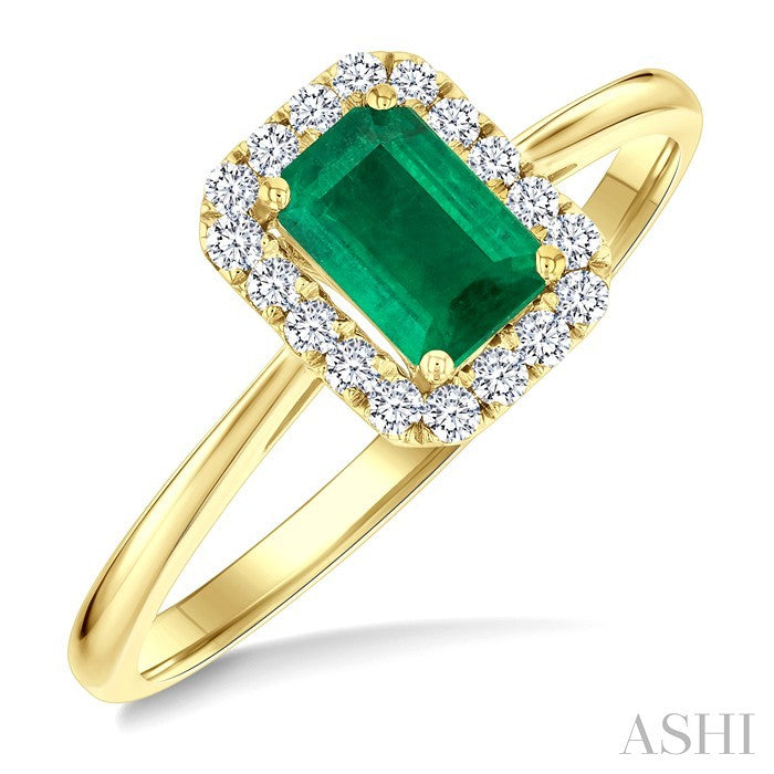 6x4 MM Octagonal Shape Emerald and 1/6 Ctw Round Cut Diamond Halo Precious Ring in 14K Yellow Gold