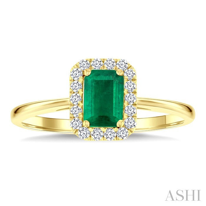 6x4 MM Octagonal Shape Emerald and 1/6 Ctw Round Cut Diamond Halo Precious Ring in 14K Yellow Gold