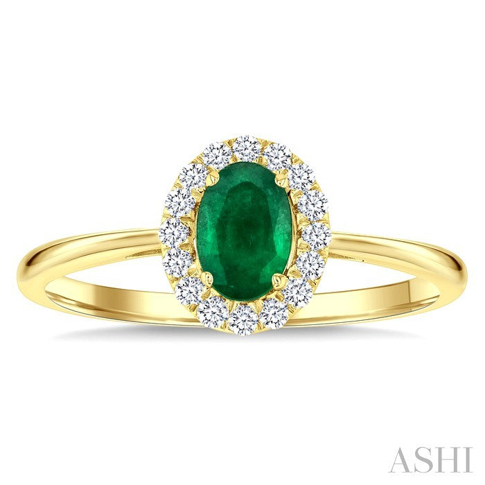 6x4 MM Oval Shape Emerald and 1/6 Ctw Round Cut Diamond Halo Precious Ring in 14K Yellow Gold