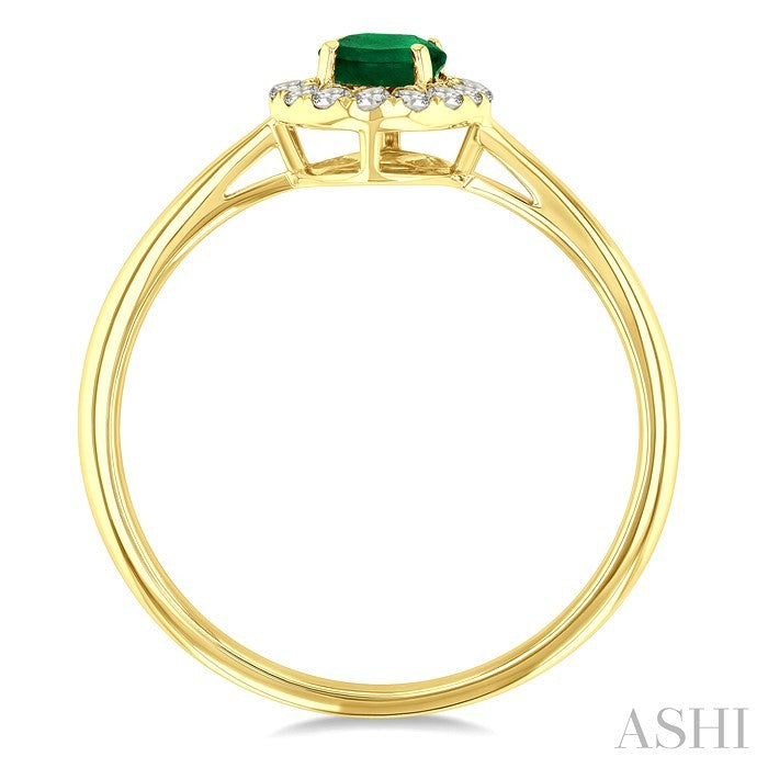 6x4 MM Oval Shape Emerald and 1/6 Ctw Round Cut Diamond Halo Precious Ring in 14K Yellow Gold