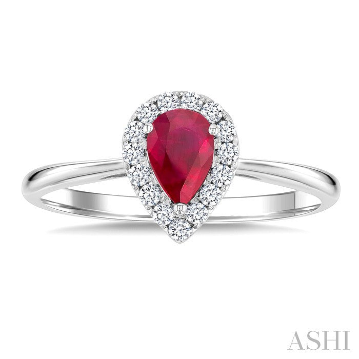 6x4 MM Pear Shape Ruby and 1/6 Ctw Round Cut Diamond Halo Precious Ring in 14K White Gold