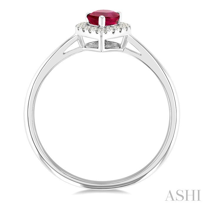 6x4 MM Pear Shape Ruby and 1/6 Ctw Round Cut Diamond Halo Precious Ring in 14K White Gold