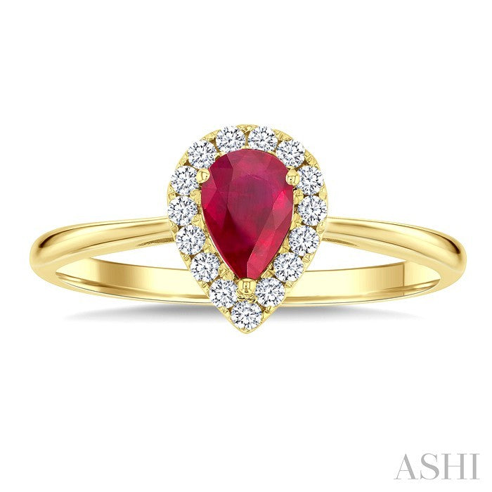 6x4 MM Pear Shape Ruby and 1/6 Ctw Round Cut Diamond Halo Precious Ring in 14K Yellow Gold