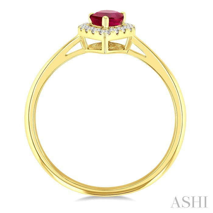 6x4 MM Pear Shape Ruby and 1/6 Ctw Round Cut Diamond Halo Precious Ring in 14K Yellow Gold