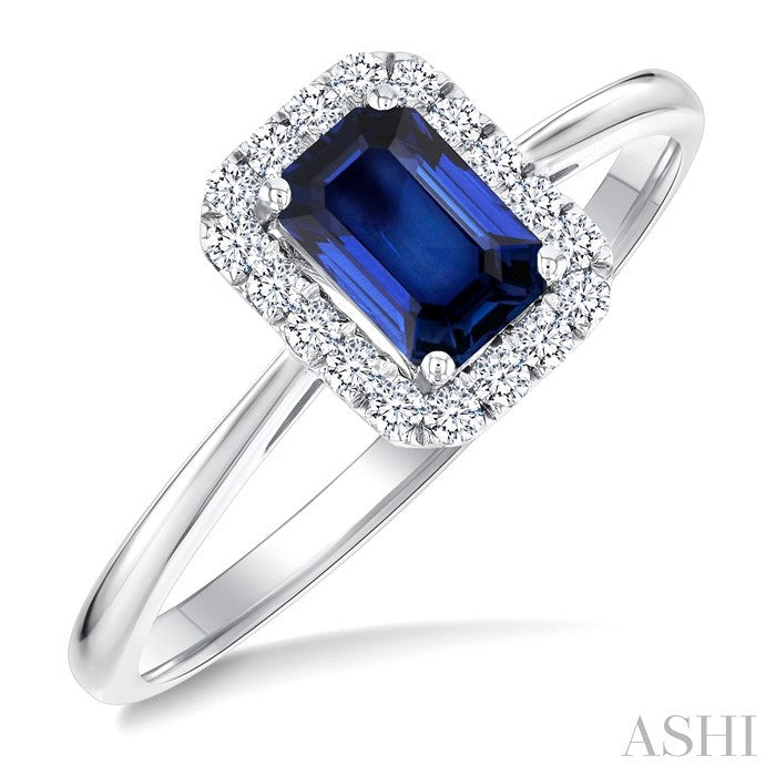 6x4 MM Octagonal Shape Sapphire and 1/6 Ctw Round Cut Diamond Halo Precious Ring in 14K White Gold