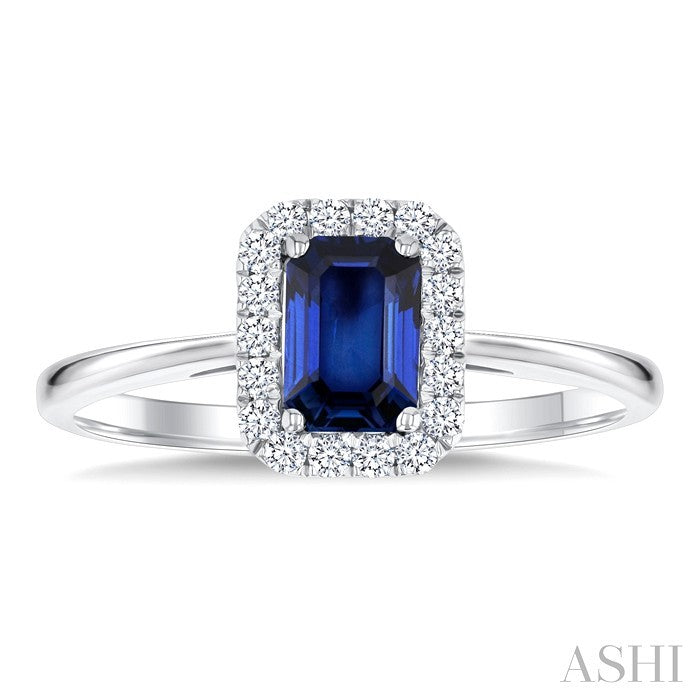 6x4 MM Octagonal Shape Sapphire and 1/6 Ctw Round Cut Diamond Halo Precious Ring in 14K White Gold