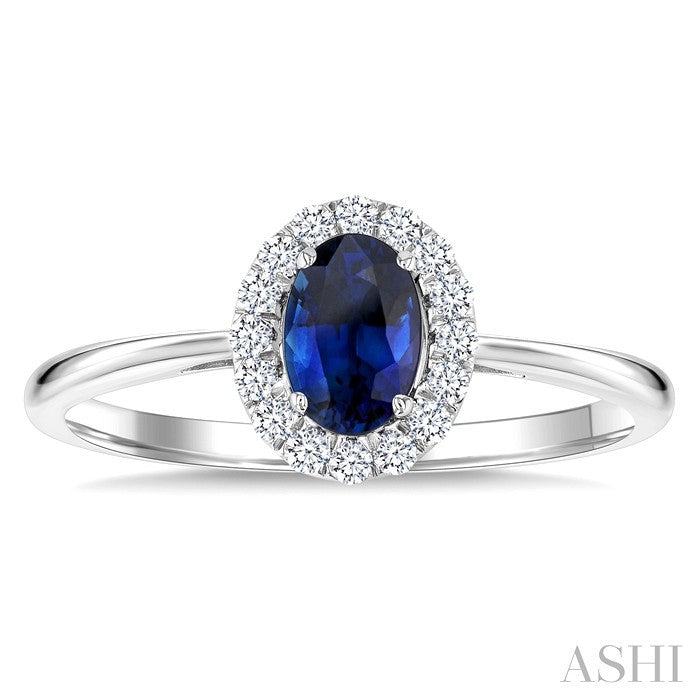 6x4 MM Oval Shape Sapphire and 1/6 Ctw Round Cut Diamond Halo Precious Ring in 14K White Gold
