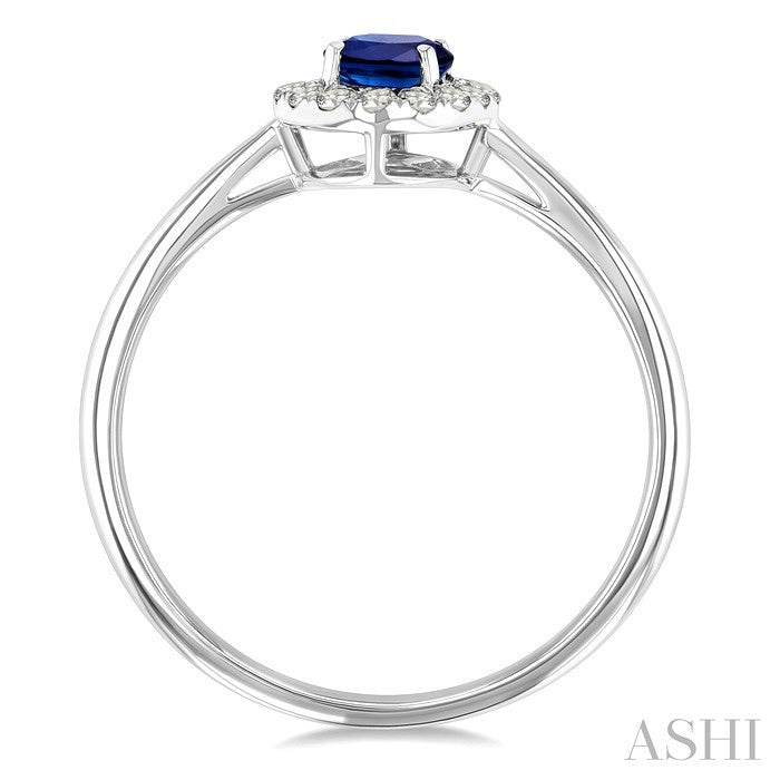 6x4 MM Oval Shape Sapphire and 1/6 Ctw Round Cut Diamond Halo Precious Ring in 14K White Gold
