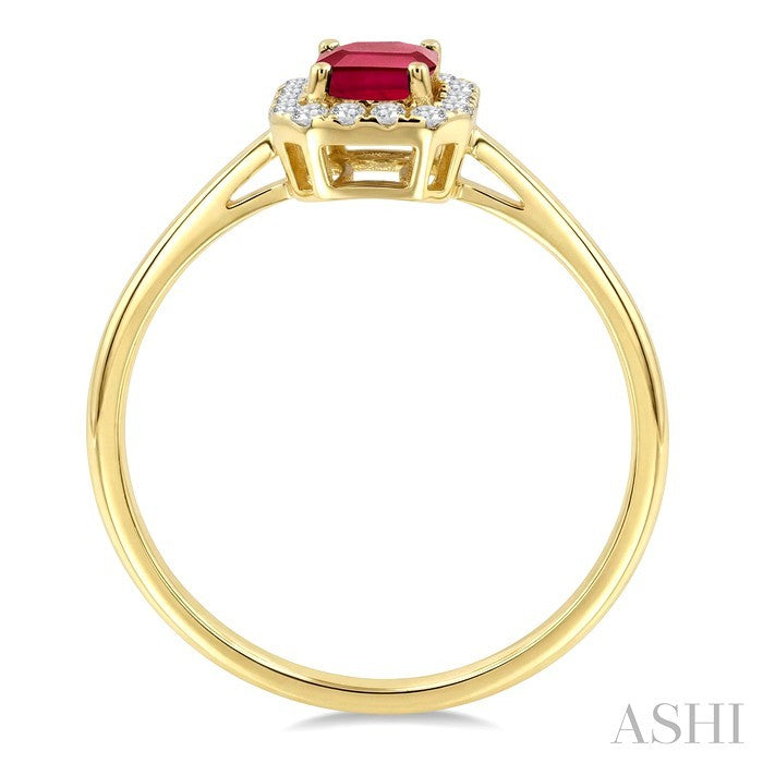 6x4 MM Octagonal Shape Ruby and 1/6 Ctw Round Cut Diamond Halo Precious Ring in 10K Yellow Gold
