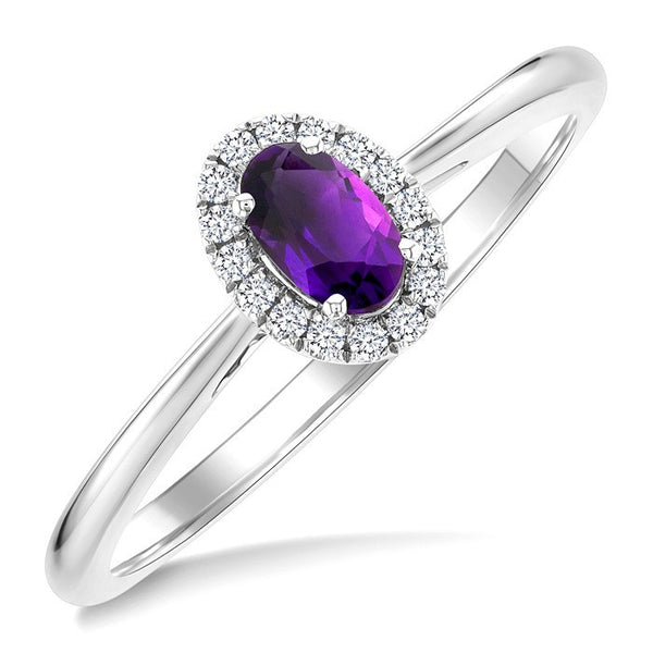 5x3 MM Oval Shape Amethyst and 1/20 Ctw Round Cut Diamond Halo Semi-Precious Ring in 14K White Gold