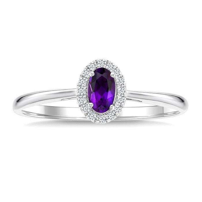 5x3 MM Oval Shape Amethyst and 1/20 Ctw Round Cut Diamond Halo Semi-Precious Ring in 14K White Gold