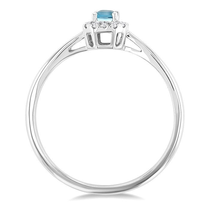 5x3 MM Octagonal Shape Aquamarine and 1/20 Ctw Round Cut Diamond Halo Semi-Precious Ring in 14K White Gold