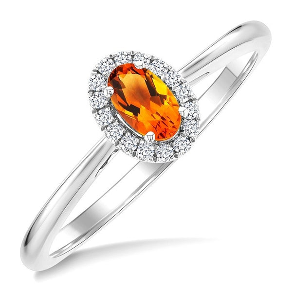 5x3 MM Oval Shape Citrine and 1/20 Ctw Round Cut Diamond Halo Semi-Precious Ring in 14K White Gold