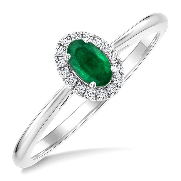 5x3 MM Oval Shape Emerald and 1/20 Ctw Round Cut Diamond Halo Precious Ring in 14K White Gold