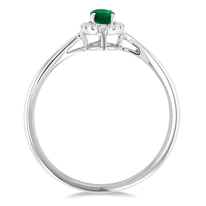 5x3 MM Oval Shape Emerald and 1/20 Ctw Round Cut Diamond Halo Precious Ring in 14K White Gold