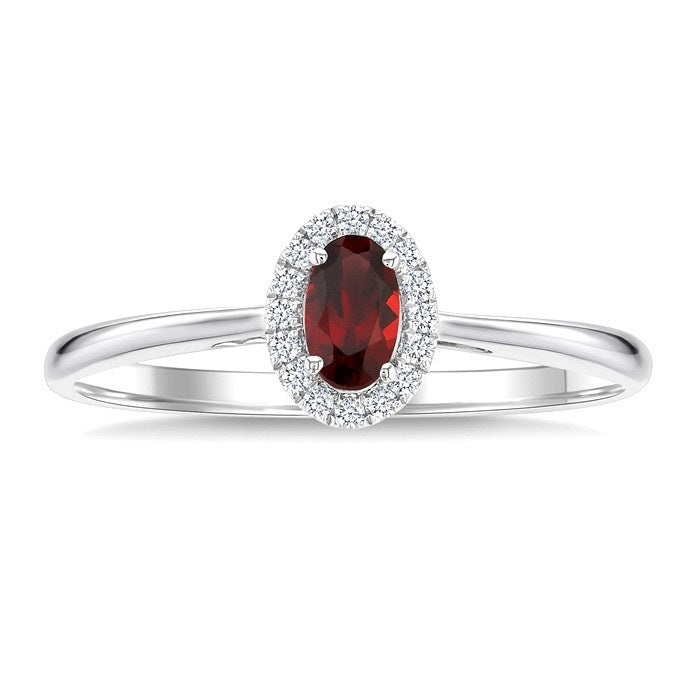 5x3 MM Oval Shape Garnet and 1/20 Ctw Round Cut Diamond Halo Semi-Precious Ring in 14K White Gold