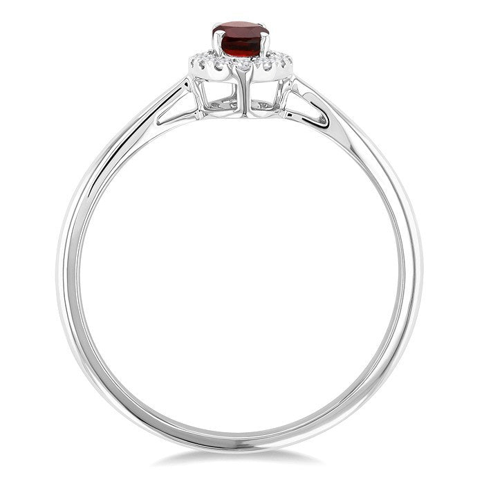 5x3 MM Oval Shape Garnet and 1/20 Ctw Round Cut Diamond Halo Semi-Precious Ring in 14K White Gold