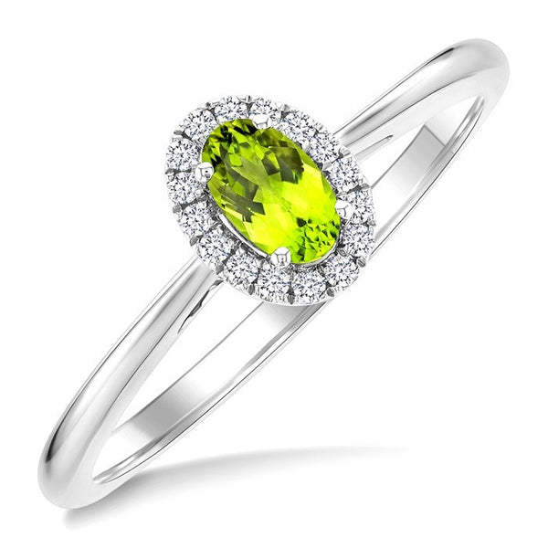 5x3 MM Oval Shape Peridot and 1/20 Ctw Round Cut Diamond Halo Semi-Precious Ring in 14K White Gold