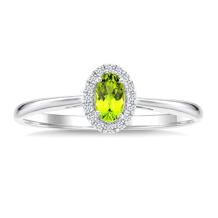 5x3 MM Oval Shape Peridot and 1/20 Ctw Round Cut Diamond Halo Semi-Precious Ring in 14K White Gold