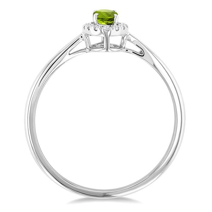 5x3 MM Oval Shape Peridot and 1/20 Ctw Round Cut Diamond Halo Semi-Precious Ring in 14K White Gold
