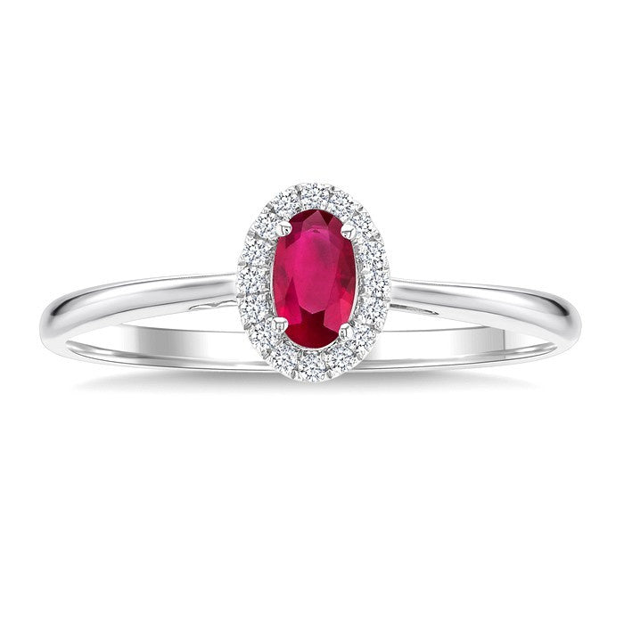 5x3 MM Oval Shape Ruby and 1/20 Ctw Round Cut Diamond Halo Precious Ring in 14K White Gold