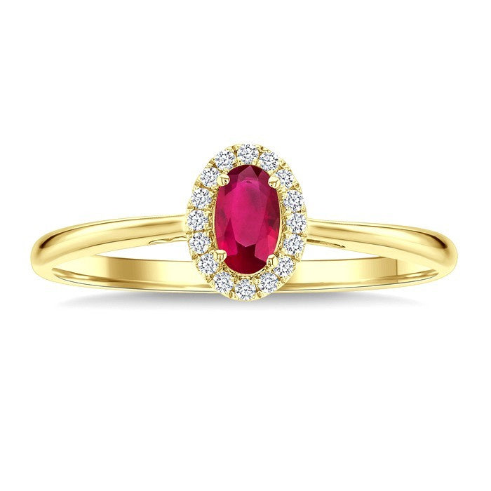 5x3 MM Oval Shape Ruby and 1/20 Ctw Round Cut Diamond Halo Precious Ring in 14K Yellow Gold
