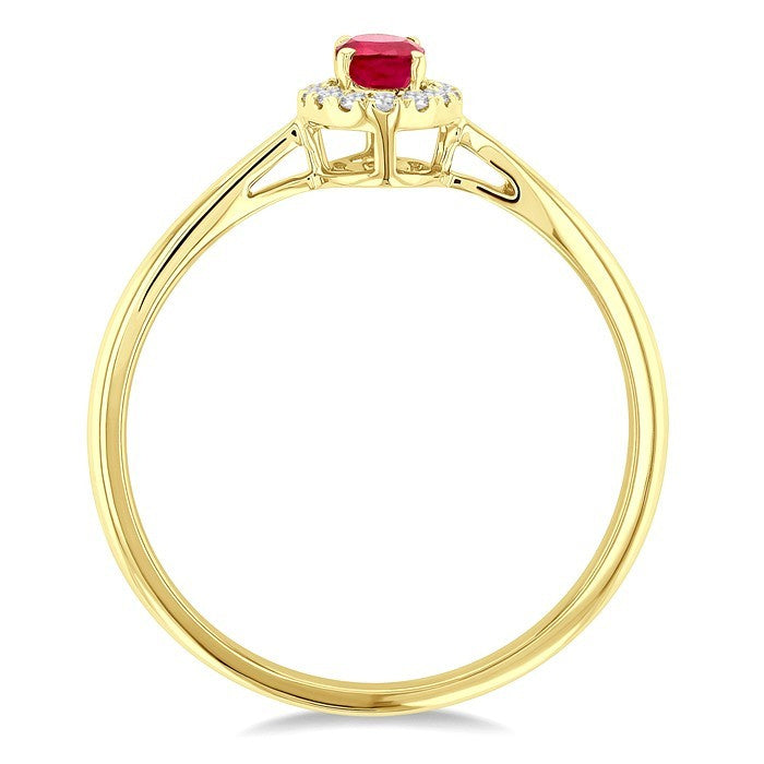 5x3 MM Oval Shape Ruby and 1/20 Ctw Round Cut Diamond Halo Precious Ring in 14K Yellow Gold