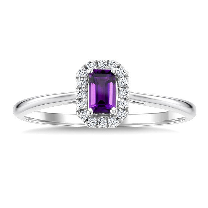 5x3 MM Octagonal Shape Amethyst and 1/20 Ctw Round Cut Diamond Halo Semi-Precious Ring in 10K White Gold