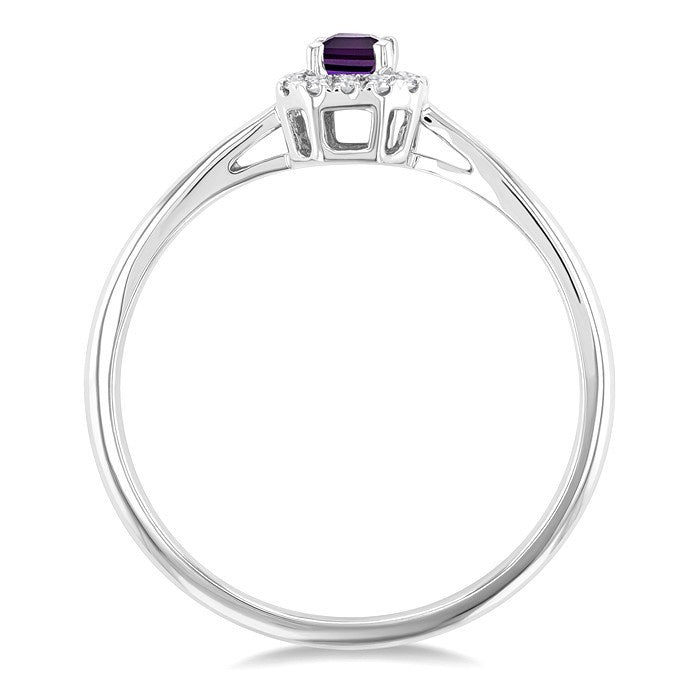5x3 MM Octagonal Shape Amethyst and 1/20 Ctw Round Cut Diamond Halo Semi-Precious Ring in 10K White Gold