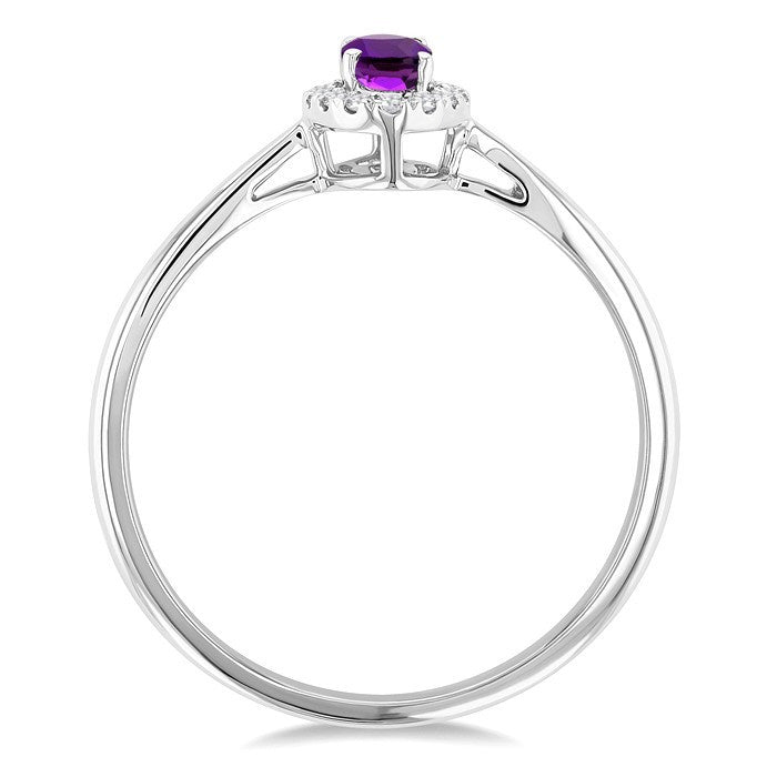 5x3 MM Oval Shape Amethyst and 1/20 Ctw Round Cut Diamond Halo Semi-Precious Ring in 10K White Gold