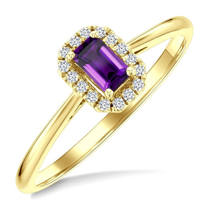 5x3 MM Octagonal Shape Amethyst and 1/20 Ctw Round Cut Diamond Halo Semi-Precious Ring in 10K Yellow Gold