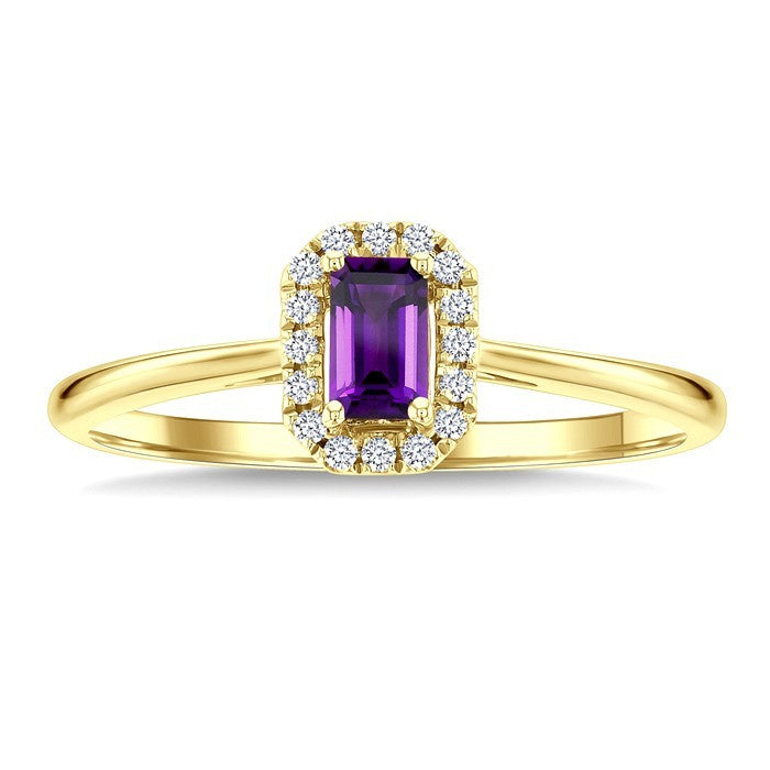5x3 MM Octagonal Shape Amethyst and 1/20 Ctw Round Cut Diamond Halo Semi-Precious Ring in 10K Yellow Gold