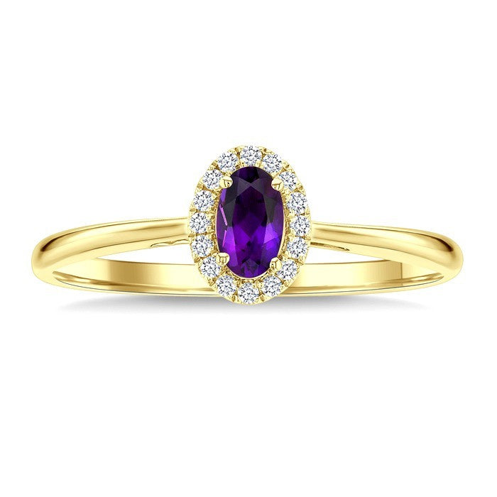5x3 MM Oval Shape Amethyst and 1/20 Ctw Round Cut Diamond Halo Semi-Precious Ring in 10K Yellow Gold