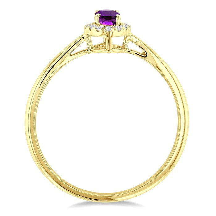5x3 MM Oval Shape Amethyst and 1/20 Ctw Round Cut Diamond Halo Semi-Precious Ring in 10K Yellow Gold